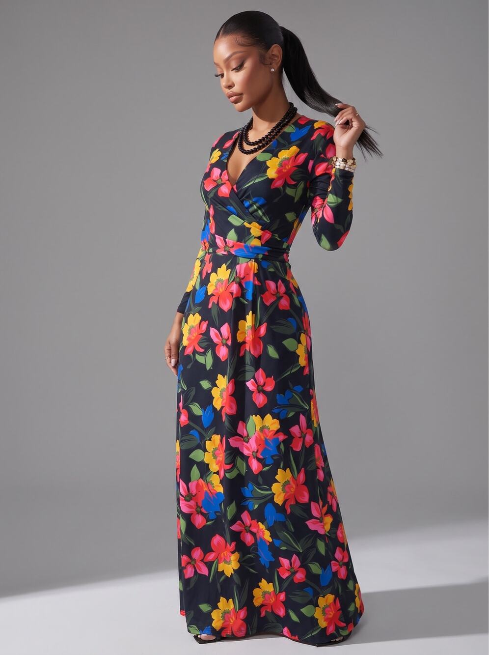 Soft Separates Vibrant Color Floral Faux Wrap Midi Dress V-Neck 3/4 Sleeves- SM